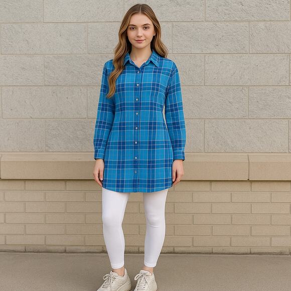 SAAR by Rajkumar's Blue Plaid Bear  flax 3/4 sleeve button down tunic size S - Picture 1 of 6